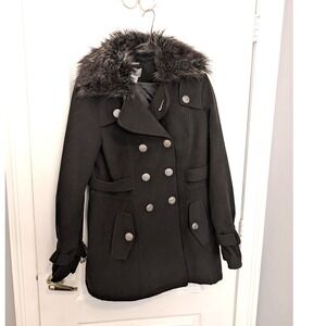 NWOT Worthington Women's Black Pea Coat Faux Fur Collar Crest Buttons Size Large